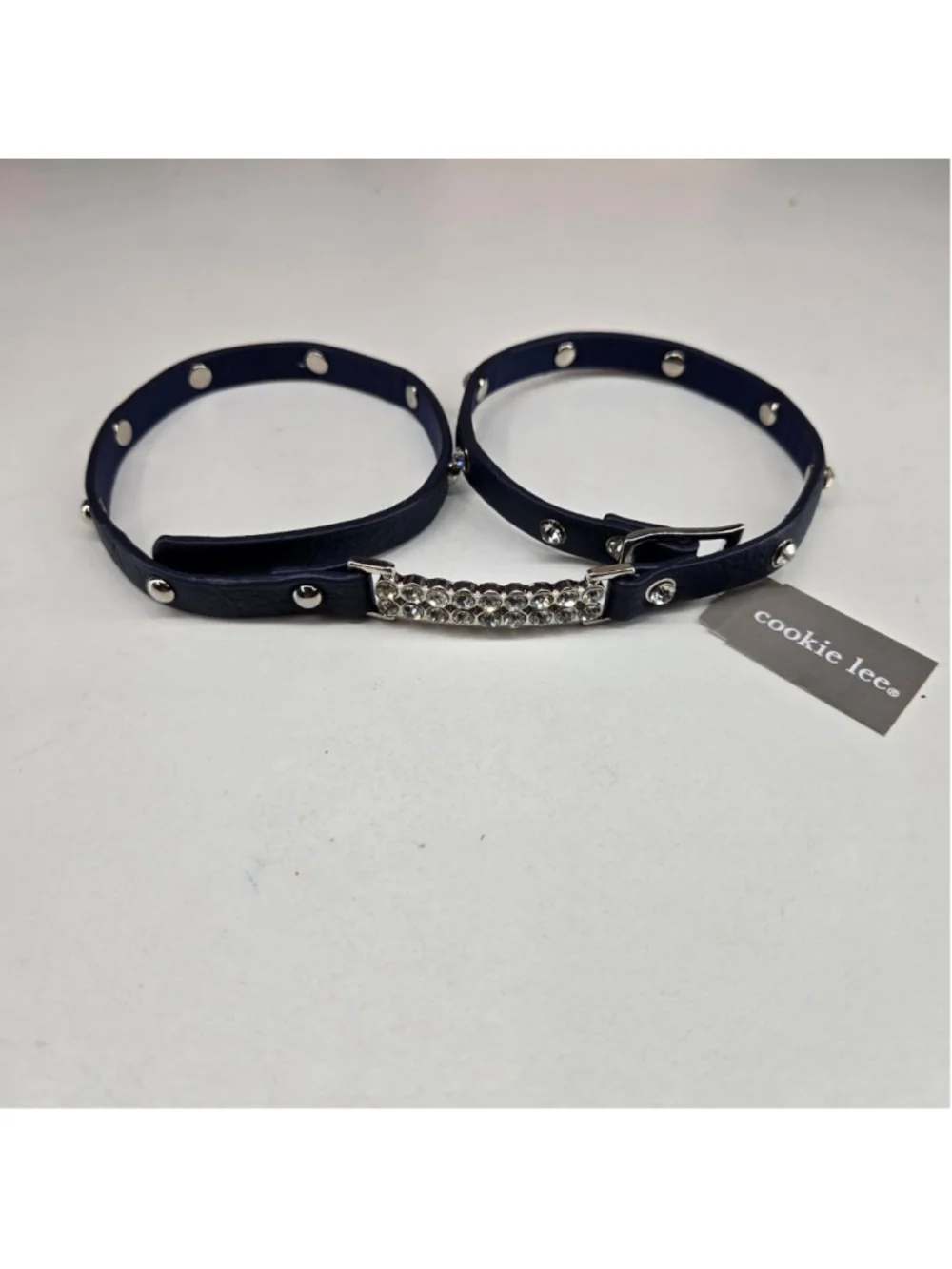 Cookie Lee Bracelet NWT Navy Blue Crystal Studded Faux Leather Wrap Brutalist